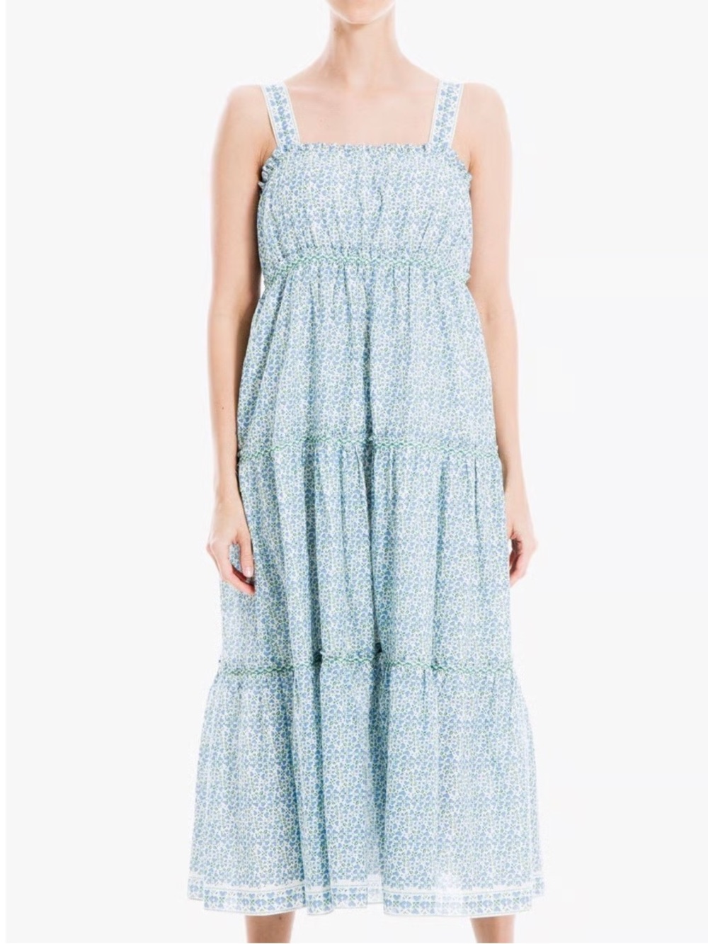 Blue Floral Smocked Tiered Maxi Dress